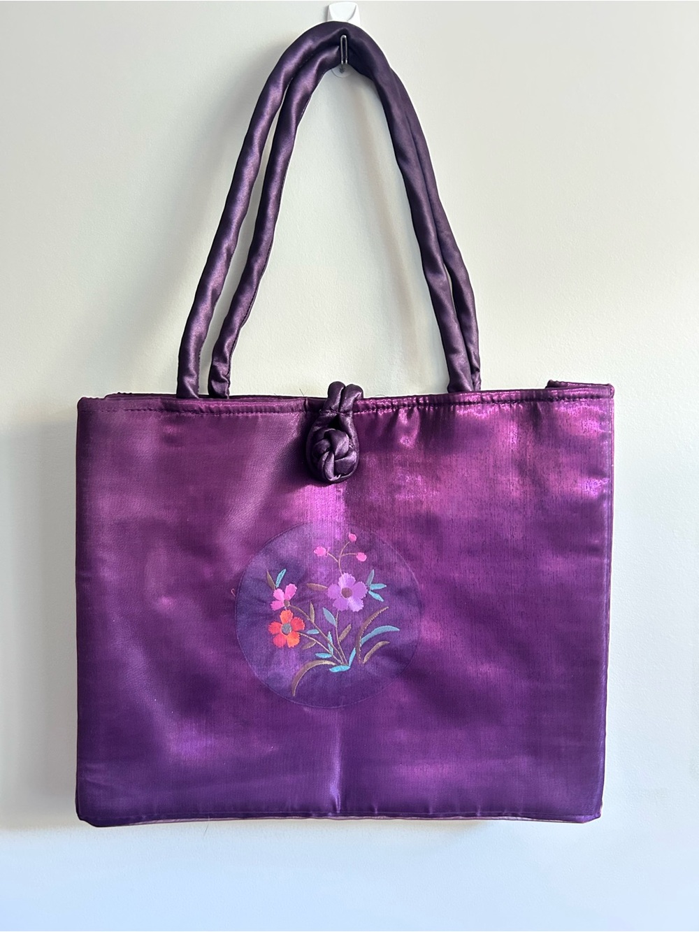Purple Tote Bag / Purse With Floral Embroidery & Knot Detail Bought in Beijing